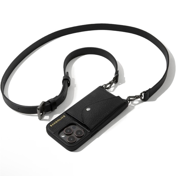 Bandolier Black Leather Phone CrossbodyFor 15 pro max